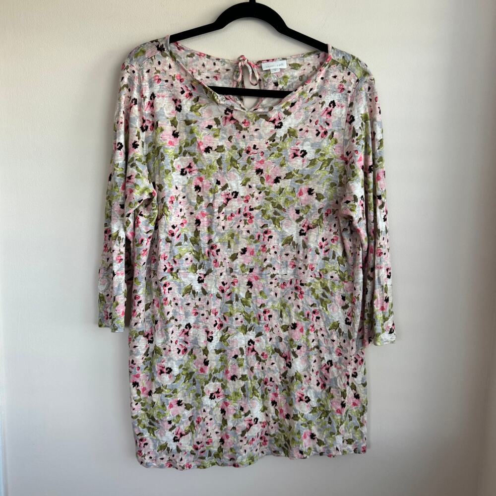 J. Jill Floral Linen Peplum Top Pink Gray Green Sz M